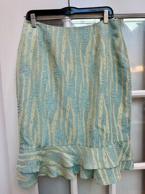 Vintage Liz Elana Sea Green Cream Metallic Shimmer Ruffle Hem Skirt Size 12 M L